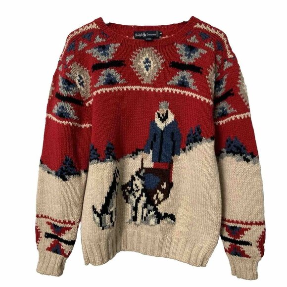 Ralph Lauren Sweaters - Vintage Ralph Lauren Hand Knit Wool  Winter Alaskan Dog Sled Sweater M